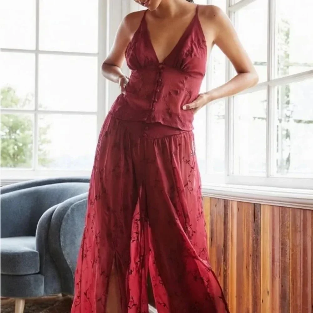 Anthropologie Burgundy Red Sheer Pajama Set